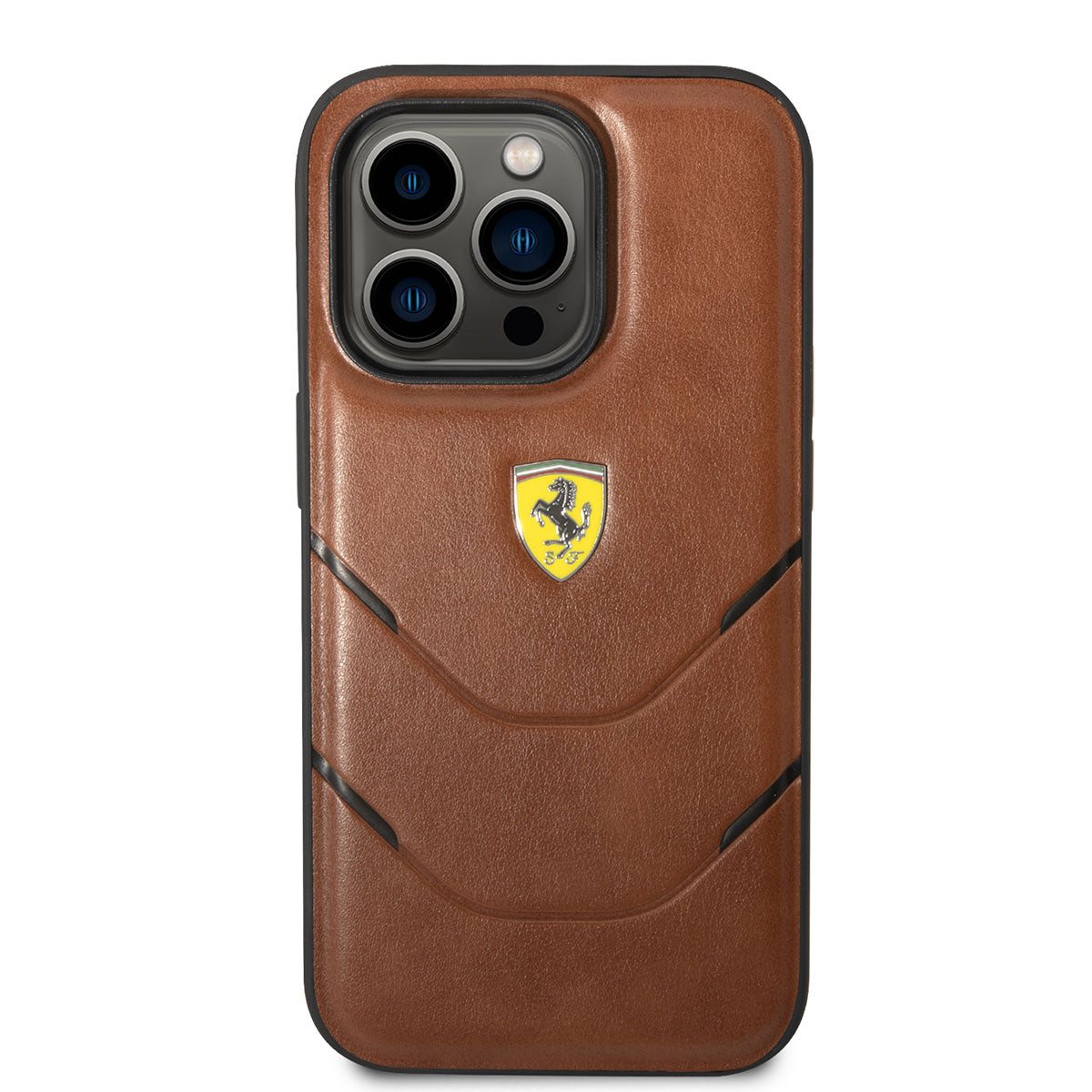 Apple iPhone 14 Pro Kılıf Ferrari Orjinal Lisanslı PU Deri Sıcak Baskı Çizgili Dizayn Kapak Kahverengi