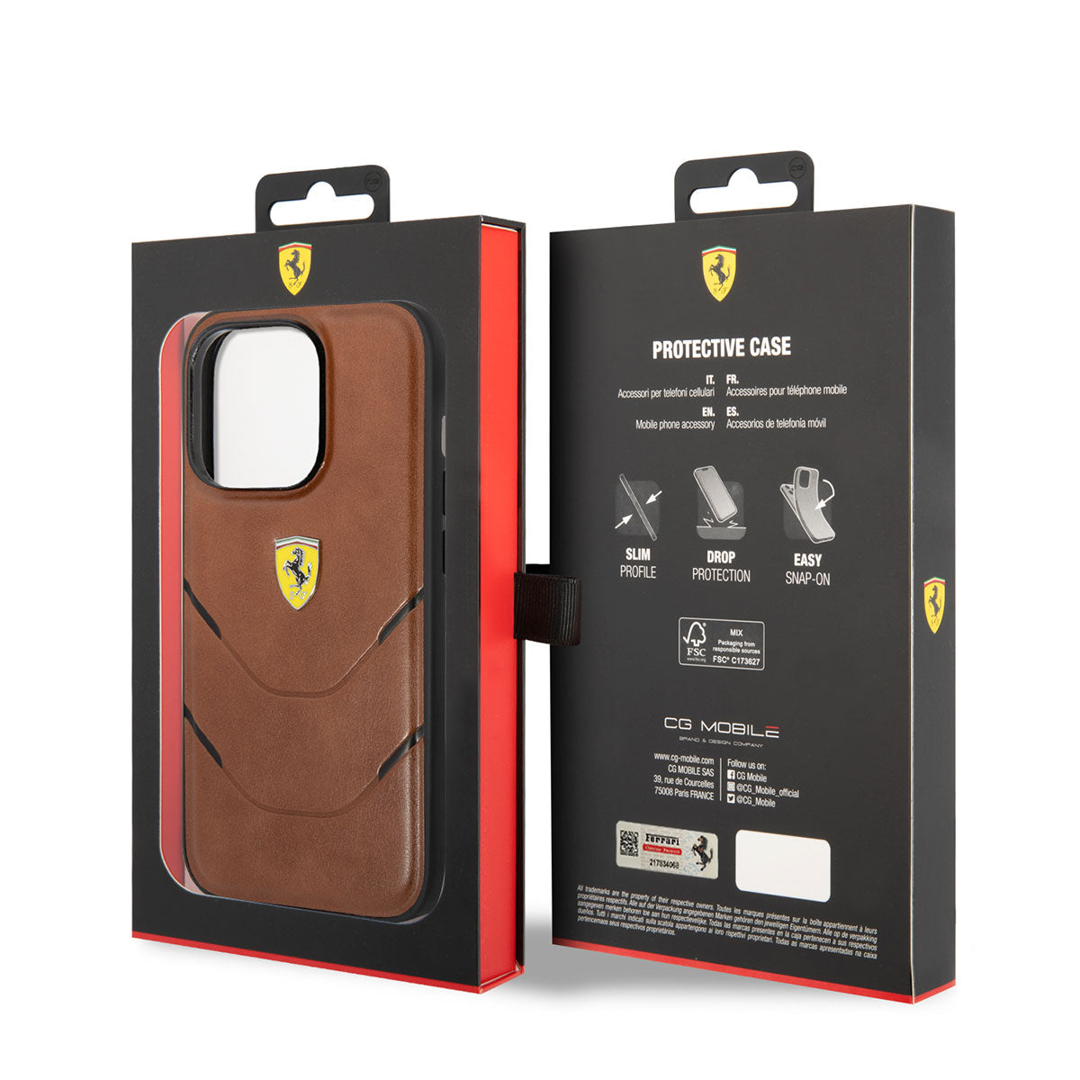 Apple iPhone 14 Pro Kılıf Ferrari Orjinal Lisanslı PU Deri Sıcak Baskı Çizgili Dizayn Kapak Kahverengi