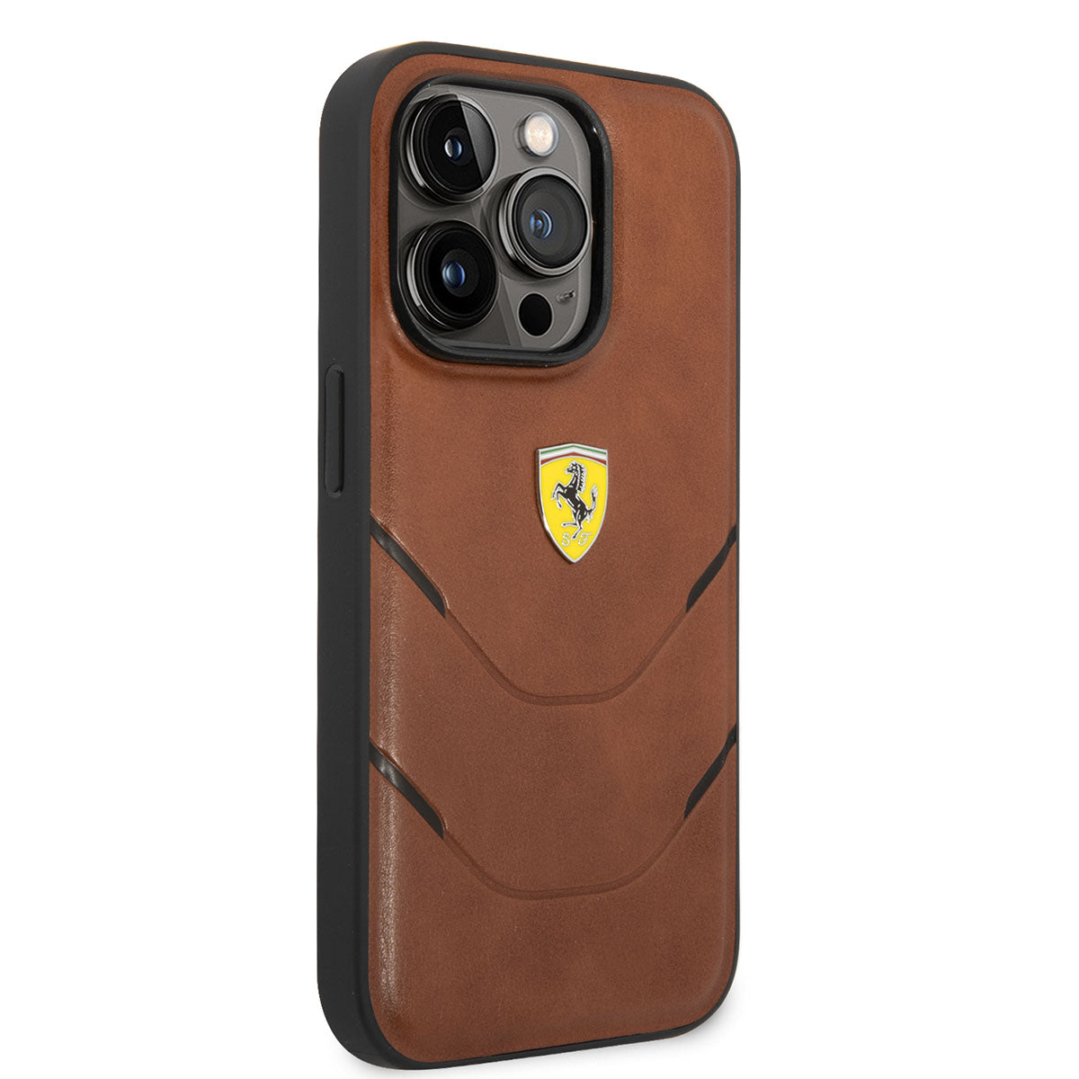 Apple iPhone 14 Pro Kılıf Ferrari Orjinal Lisanslı PU Deri Sıcak Baskı Çizgili Dizayn Kapak Kahverengi