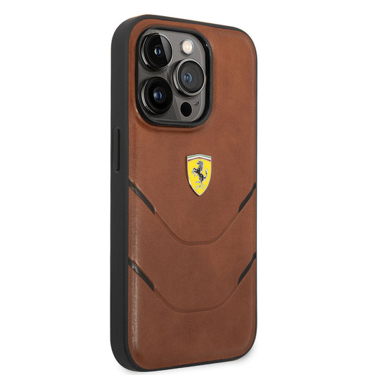 Apple iPhone 14 Pro Kılıf Ferrari Orjinal Lisanslı PU Deri Sıcak Baskı Çizgili Dizayn Kapak Kahverengi