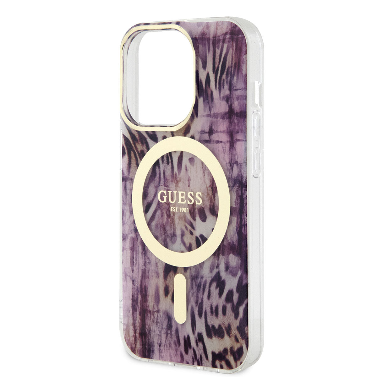Apple iPhone 14 Pro Kılıf GUESS M-safe Şarj Özellikli Leopar Desenli Kapak Kahverengi