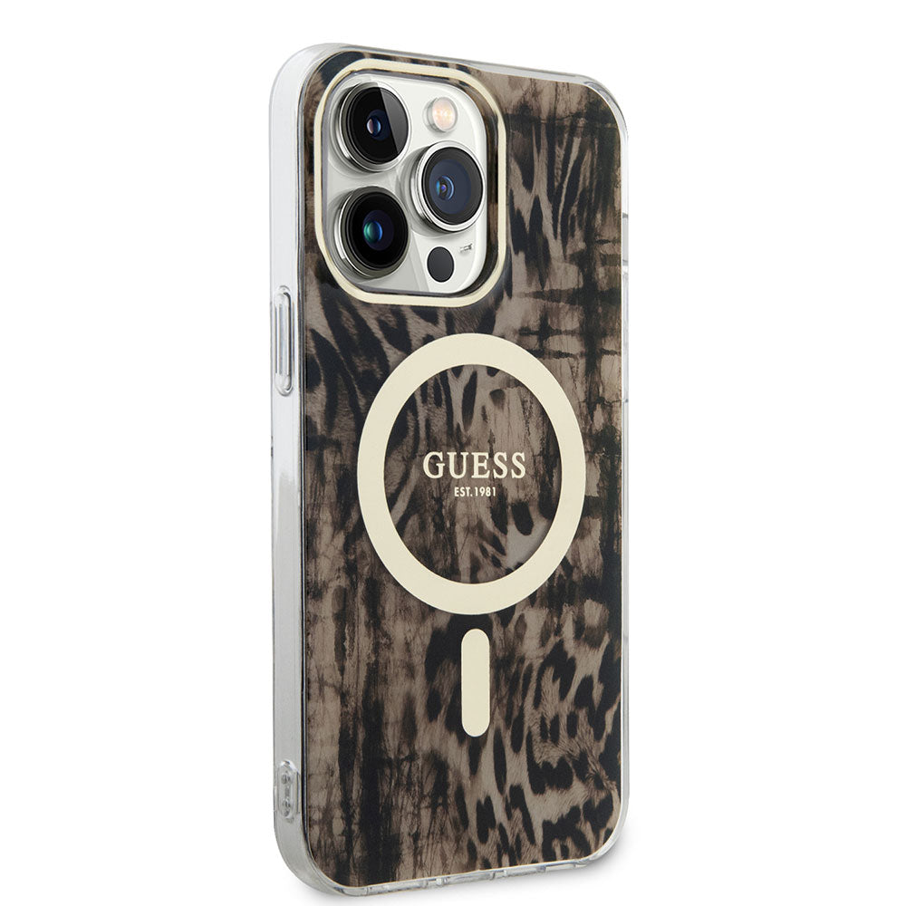 Apple iPhone 14 Pro Kılıf GUESS M-safe Şarj Özellikli Leopar Desenli Kapak Kahverengi