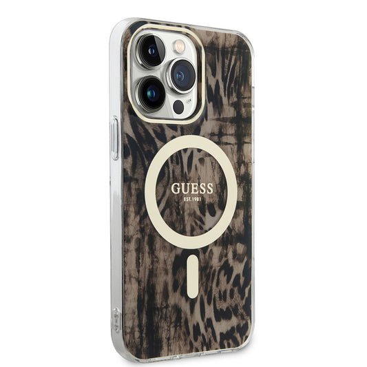 Apple iPhone 14 Pro Kılıf GUESS M-safe Şarj Özellikli Leopar Desenli Kapak Kahverengi