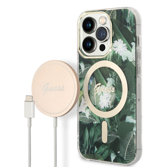 Apple iPhone 14 Pro Kılıf GUESS M-safe Şarj Özellikli Yaprak Desenli M-safe Şarj Kablolu Kapak Pembe