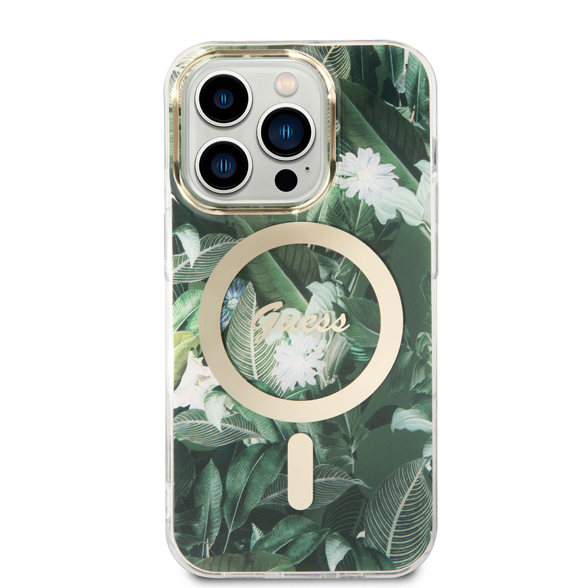 Apple iPhone 14 Pro Kılıf GUESS M-safe Şarj Özellikli Yaprak Desenli M-safe Şarj Kablolu Kapak Yeşil
