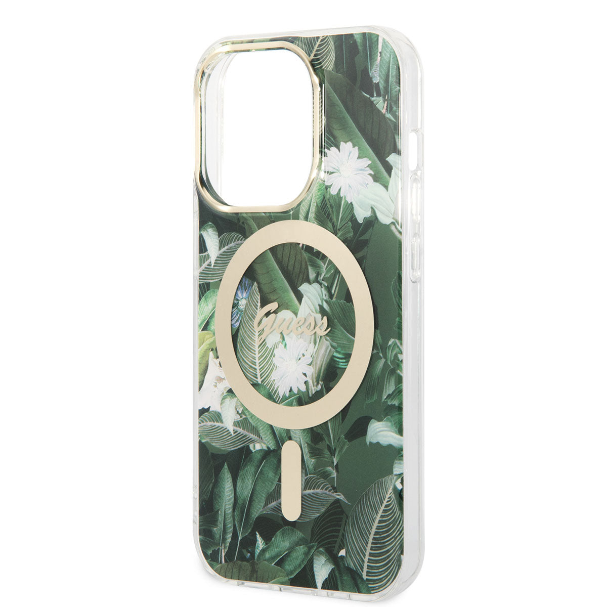 Apple iPhone 14 Pro Kılıf GUESS M-safe Şarj Özellikli Yaprak Desenli M-safe Şarj Kablolu Kapak Yeşil