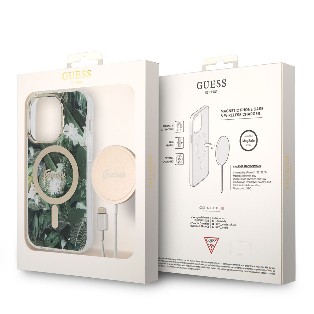 Apple iPhone 14 Pro Kılıf GUESS M-safe Şarj Özellikli Yaprak Desenli M-safe Şarj Kablolu Kapak Yeşil
