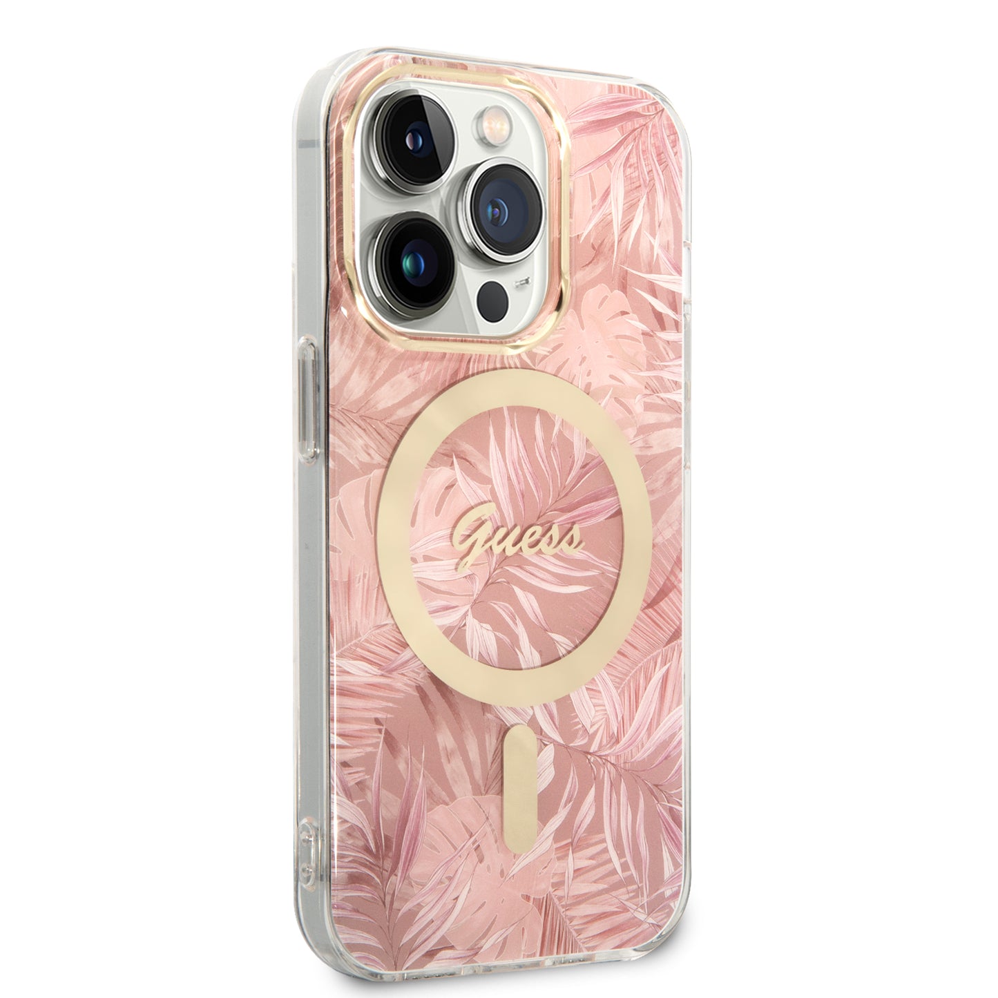 Apple iPhone 14 Pro Kılıf GUESS M-safe Şarj Özellikli Yaprak Desenli M-safe Şarj Kablolu Kapak Pembe