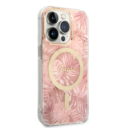 Apple iPhone 14 Pro Kılıf GUESS M-safe Şarj Özellikli Yaprak Desenli M-safe Şarj Kablolu Kapak Pembe
