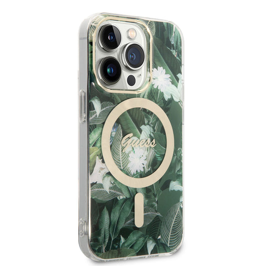 Apple iPhone 14 Pro Kılıf GUESS M-safe Şarj Özellikli Yaprak Desenli M-safe Şarj Kablolu Kapak Yeşil