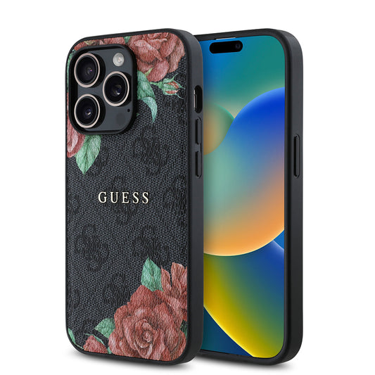 Apple iPhone 14 Pro Kılıf Guess Orjinal Lisanslı M-safe Şarj Özellikli Gül Baskılı 4G Desenli Yazı Logolu Kapak Siyah
