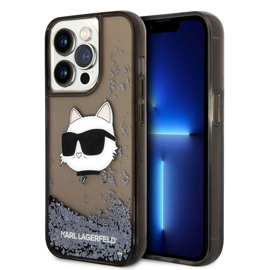 Apple iPhone 14 Pro Kılıf Karl Lagerfeld Sıvılı Simli Choupette Head Dizayn Kapak Siyah