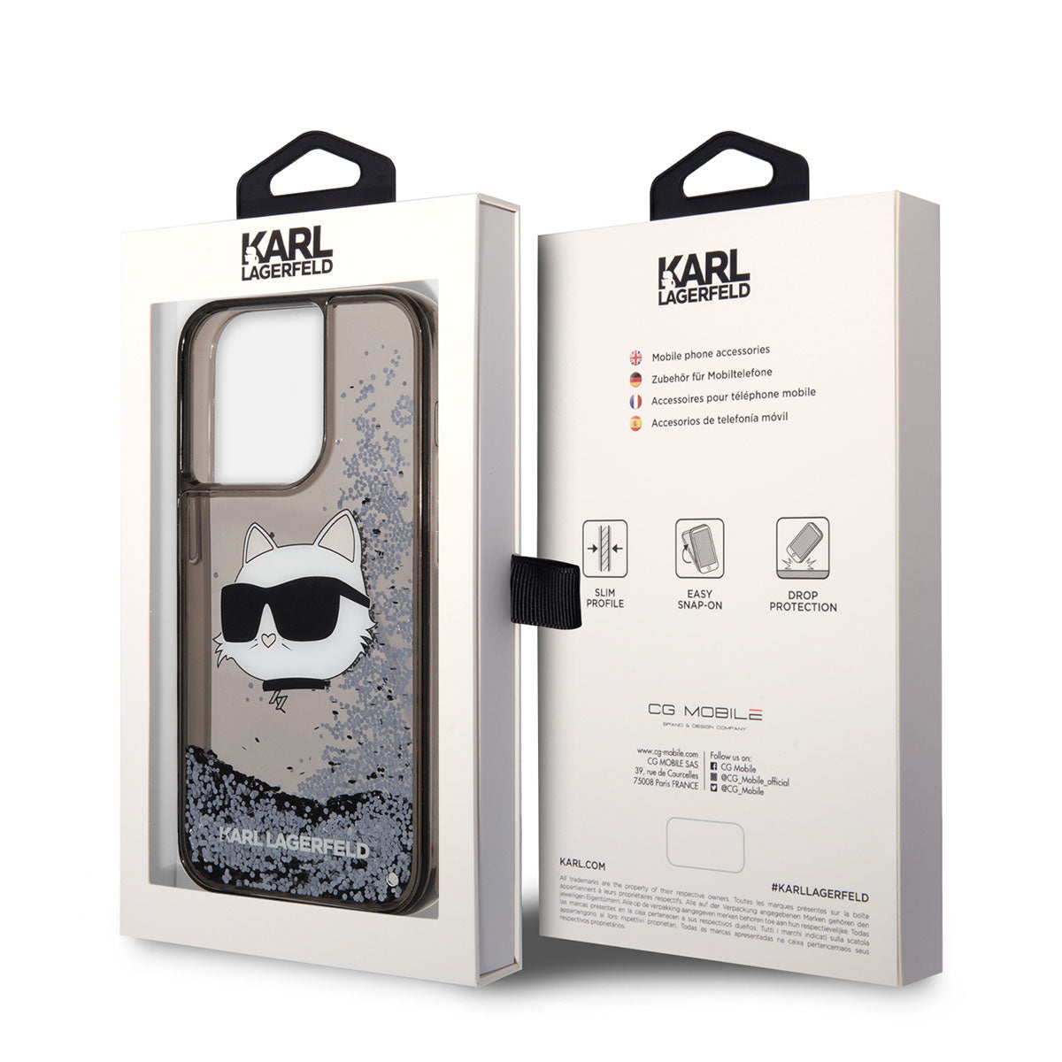 Apple iPhone 14 Pro Kılıf Karl Lagerfeld Sıvılı Simli Choupette Head Dizayn Kapak Siyah