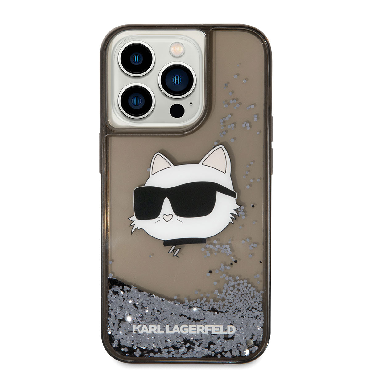 Apple iPhone 14 Pro Kılıf Karl Lagerfeld Sıvılı Simli Choupette Head Dizayn Kapak Siyah