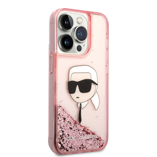 Apple iPhone 14 Pro Kılıf Karl Lagerfeld Sıvılı Simli Karl Head Dizayn Kapak Pembe