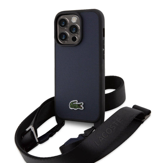 Apple iPhone 14 Pro Kılıf Lacoste Orjinal Lisanslı PU Pike Desenli Arka Yüzey Askılı İkonik Timsah Dokuma Logolu Kapak Lacivert
