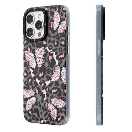 Apple iPhone 14 Pro Kılıf M-safe Şarj Özellikli Kelebek Desenli Youngkit Shadow Dance Serisi Kapak Gri