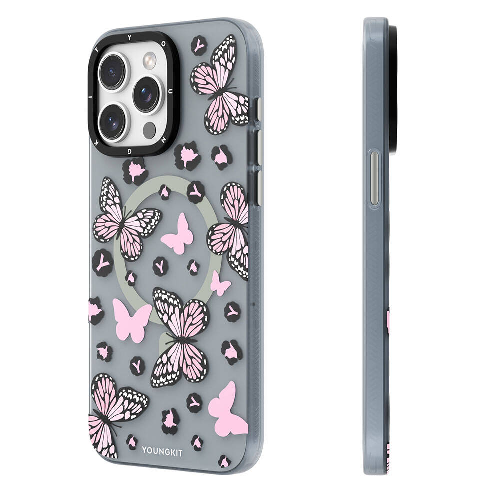 Apple iPhone 14 Pro Kılıf M-safe Şarj Özellikli Kelebek Desenli Youngkit Shadow Dance Serisi Kapak Pembe