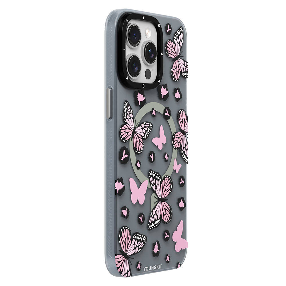 Apple iPhone 14 Pro Kılıf M-safe Şarj Özellikli Kelebek Desenli Youngkit Shadow Dance Serisi Kapak Pembe
