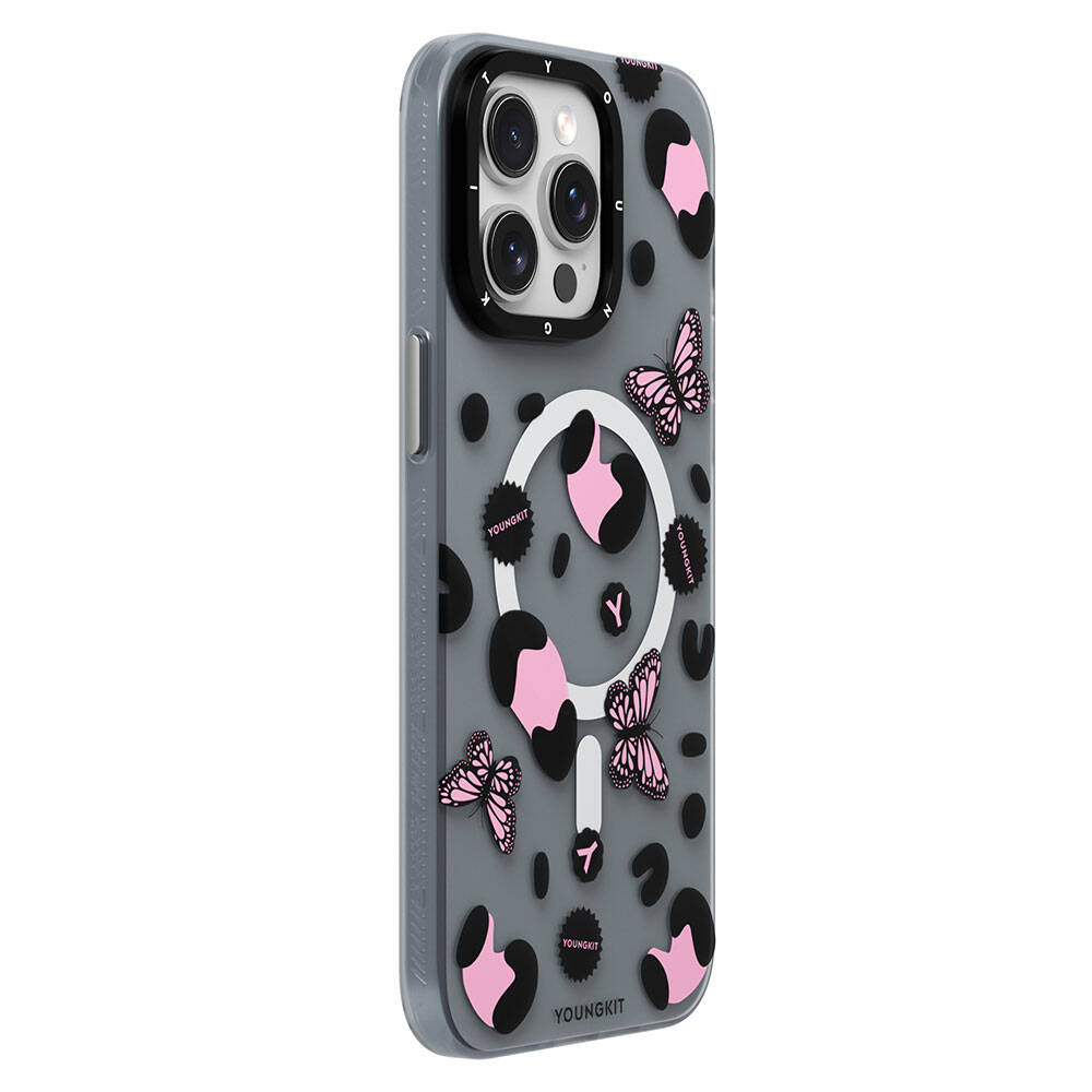 Apple iPhone 14 Pro Kılıf M-safe Şarj Özellikli Kelebek Desenli Youngkit Shadow Dance Serisi Kapak Siyah