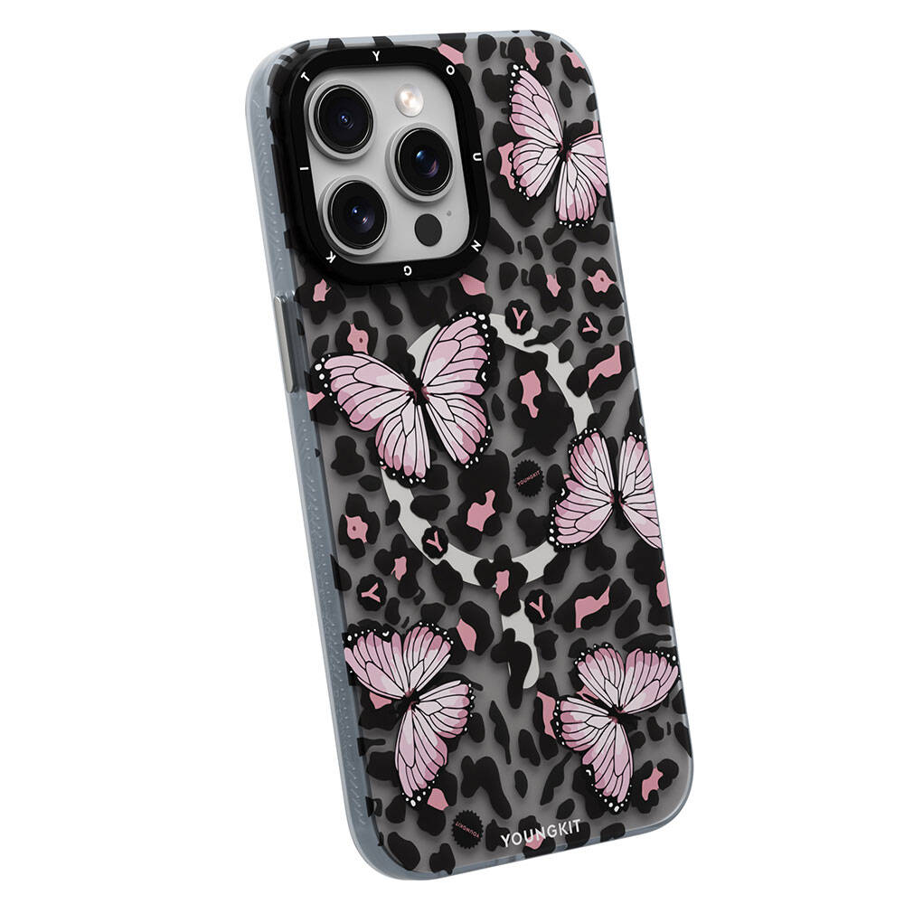 Apple iPhone 14 Pro Kılıf M-safe Şarj Özellikli Kelebek Desenli Youngkit Shadow Dance Serisi Kapak Siyah
