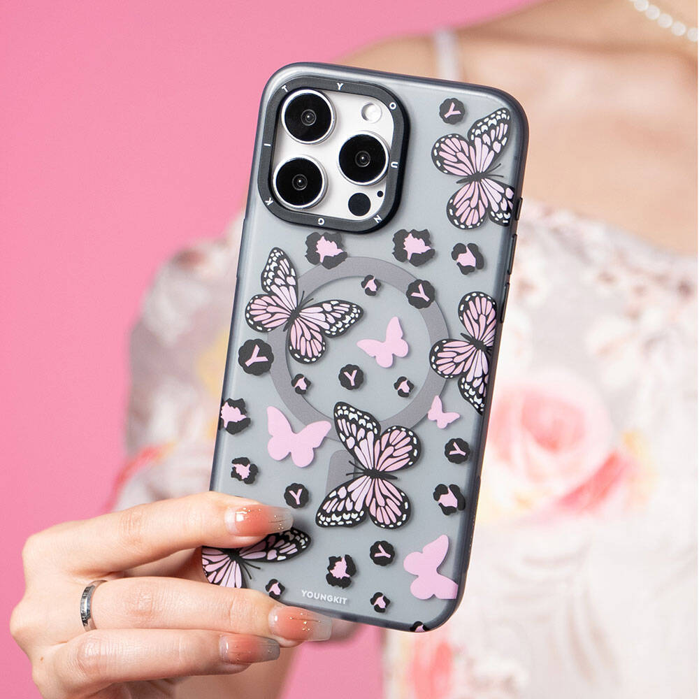 Apple iPhone 14 Pro Kılıf M-safe Şarj Özellikli Kelebek Desenli Youngkit Shadow Dance Serisi Kapak Siyah