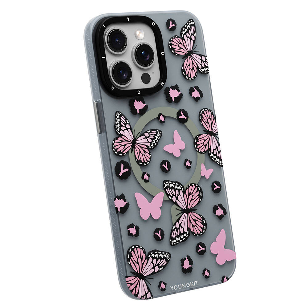 Apple iPhone 14 Pro Kılıf M-safe Şarj Özellikli Kelebek Desenli Youngkit Shadow Dance Serisi Kapak Siyah