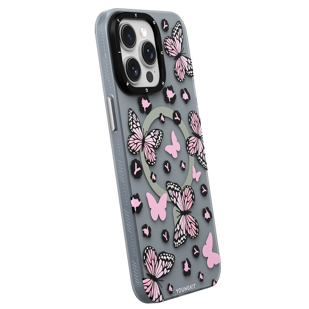 Apple iPhone 14 Pro Kılıf M-safe Şarj Özellikli Kelebek Desenli Youngkit Shadow Dance Serisi Kapak Pembe