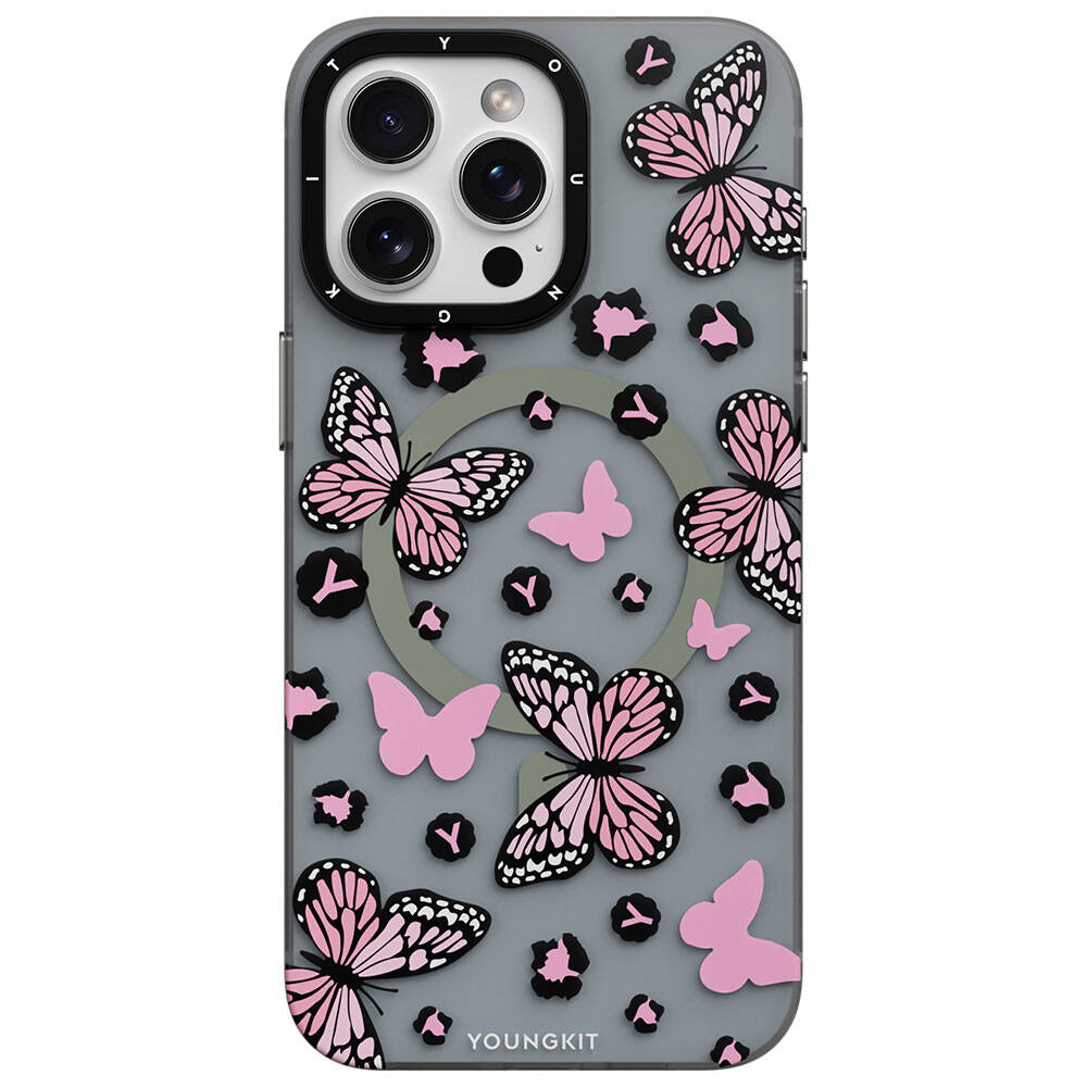 Apple iPhone 14 Pro Kılıf M-safe Şarj Özellikli Kelebek Desenli Youngkit Shadow Dance Serisi Kapak Pembe