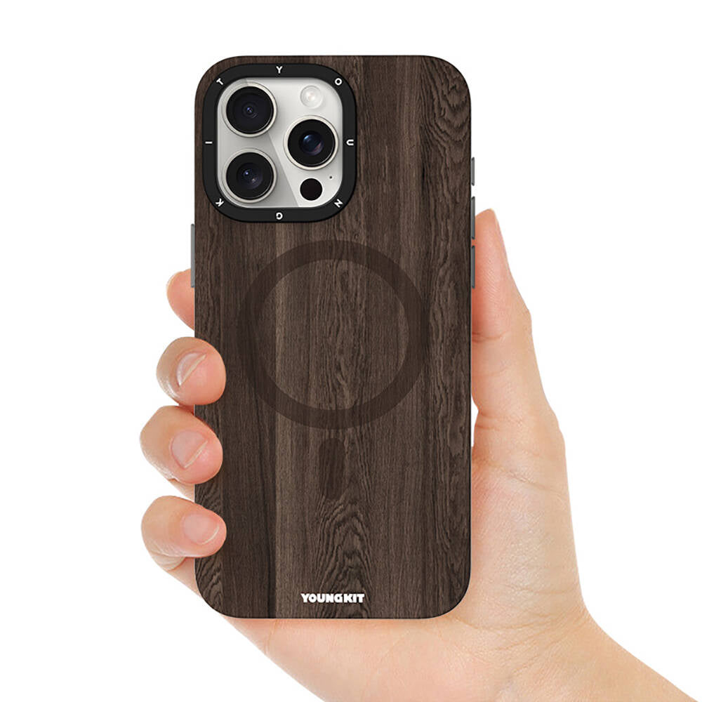 Apple iPhone 14 Pro Kılıf M-safe Şarj Özellikli Sararmaya Dayanıklı Youngkit Wood Forest Serisi Kapak Siyah