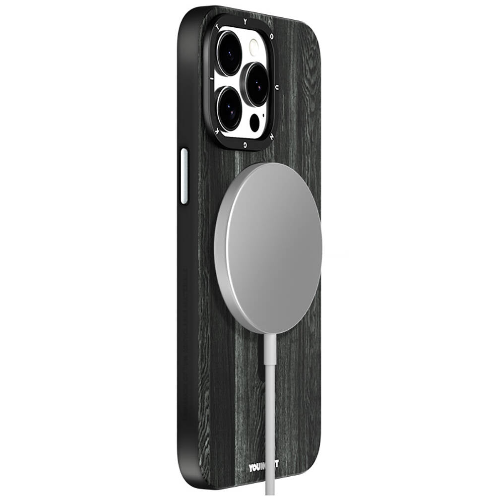Apple iPhone 14 Pro Kılıf M-safe Şarj Özellikli Sararmaya Dayanıklı Youngkit Wood Forest Serisi Kapak Siyah