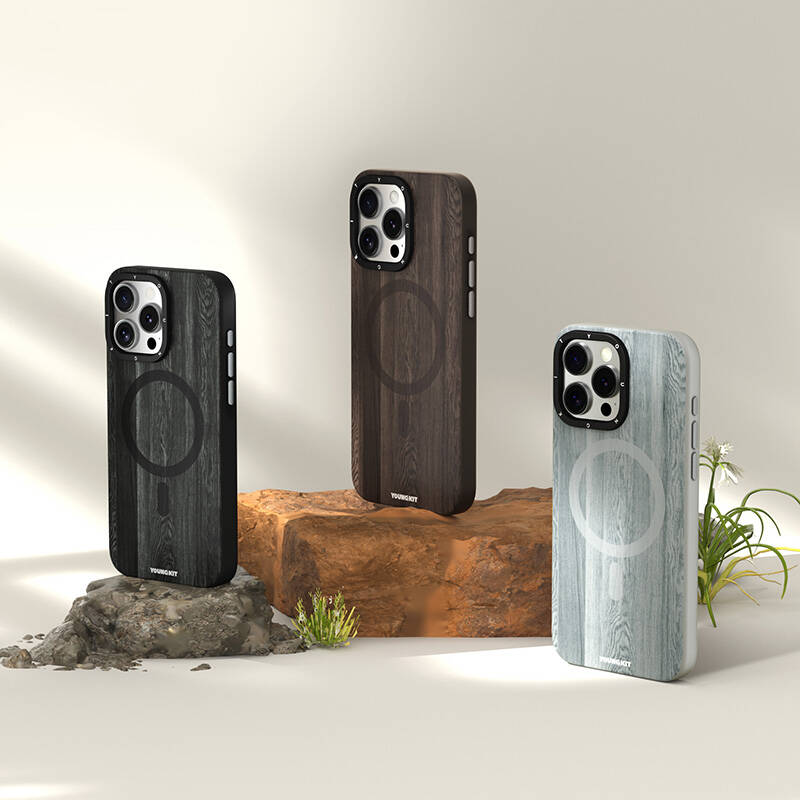 Apple iPhone 14 Pro Kılıf M-safe Şarj Özellikli Sararmaya Dayanıklı Youngkit Wood Forest Serisi Kapak Siyah