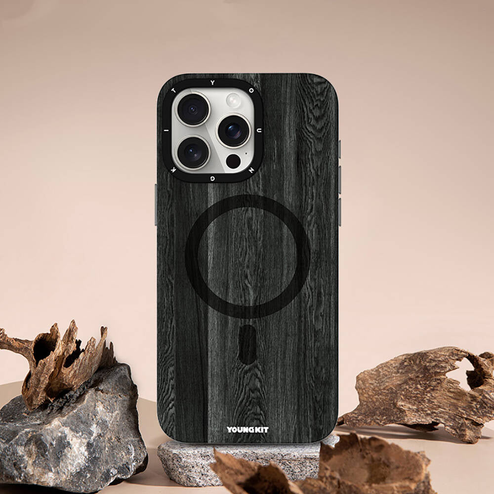 Apple iPhone 14 Pro Kılıf M-safe Şarj Özellikli Sararmaya Dayanıklı Youngkit Wood Forest Serisi Kapak Kahverengi
