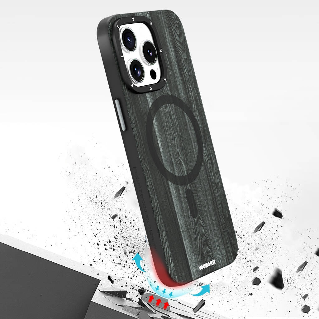 Apple iPhone 14 Pro Kılıf M-safe Şarj Özellikli Sararmaya Dayanıklı Youngkit Wood Forest Serisi Kapak Siyah