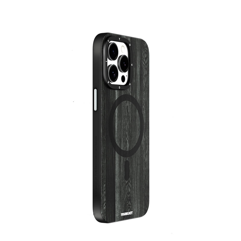 Apple iPhone 14 Pro Kılıf M-safe Şarj Özellikli Sararmaya Dayanıklı Youngkit Wood Forest Serisi Kapak Siyah