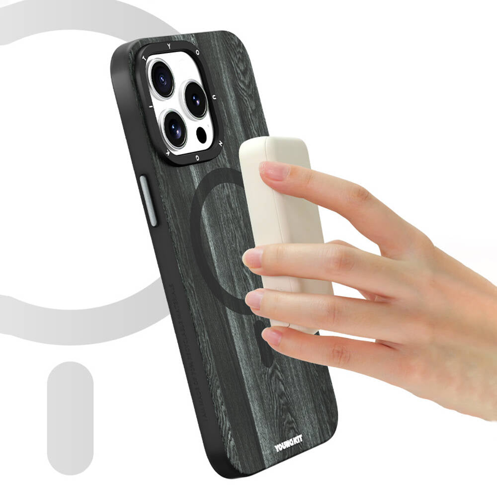 Apple iPhone 14 Pro Kılıf M-safe Şarj Özellikli Sararmaya Dayanıklı Youngkit Wood Forest Serisi Kapak Gri