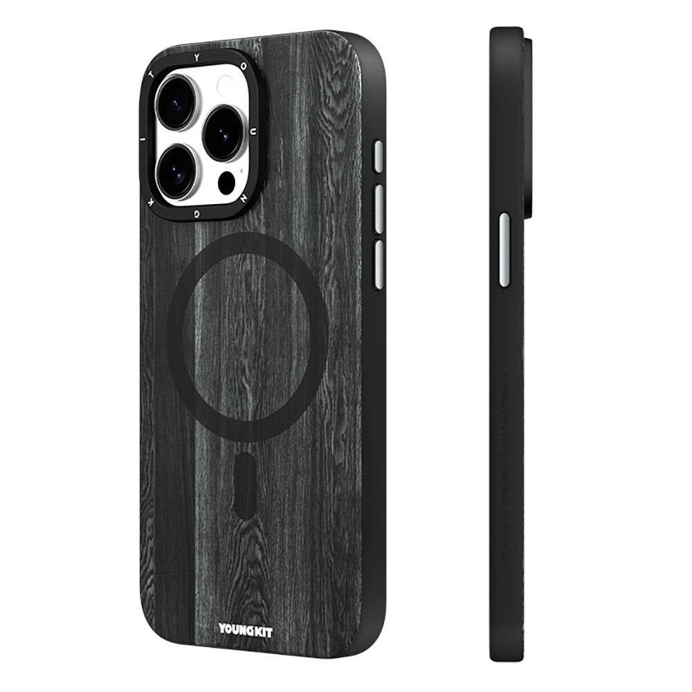 Apple iPhone 14 Pro Kılıf M-safe Şarj Özellikli Sararmaya Dayanıklı Youngkit Wood Forest Serisi Kapak Siyah