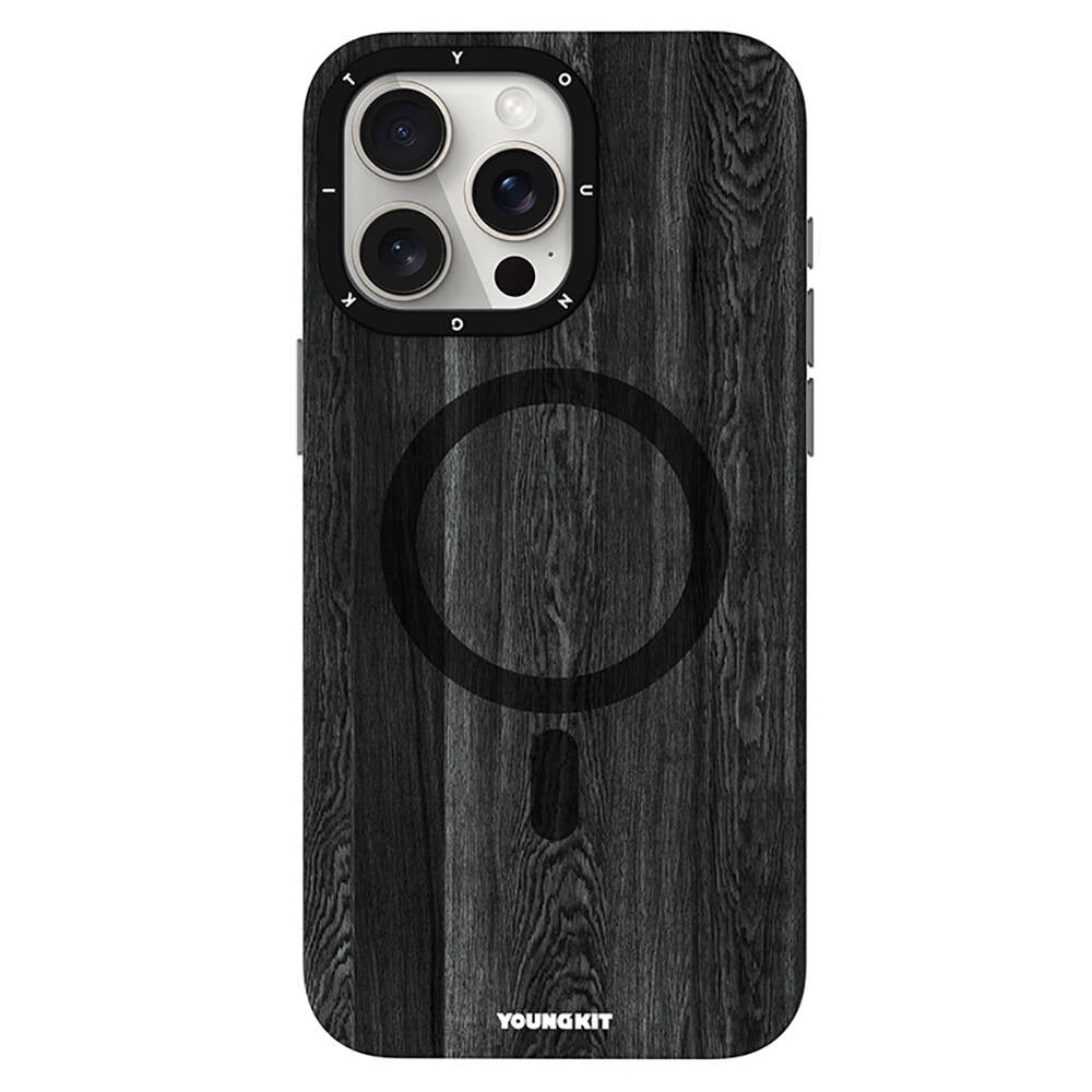 Apple iPhone 14 Pro Kılıf M-safe Şarj Özellikli Sararmaya Dayanıklı Youngkit Wood Forest Serisi Kapak Siyah