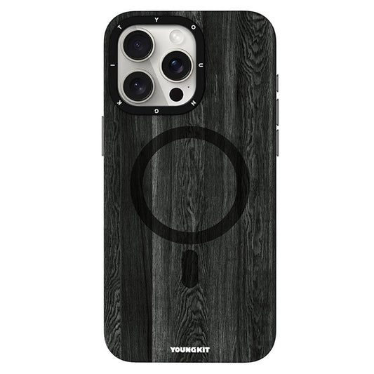 Apple iPhone 14 Pro Kılıf M-safe Şarj Özellikli Sararmaya Dayanıklı Youngkit Wood Forest Serisi Kapak Siyah