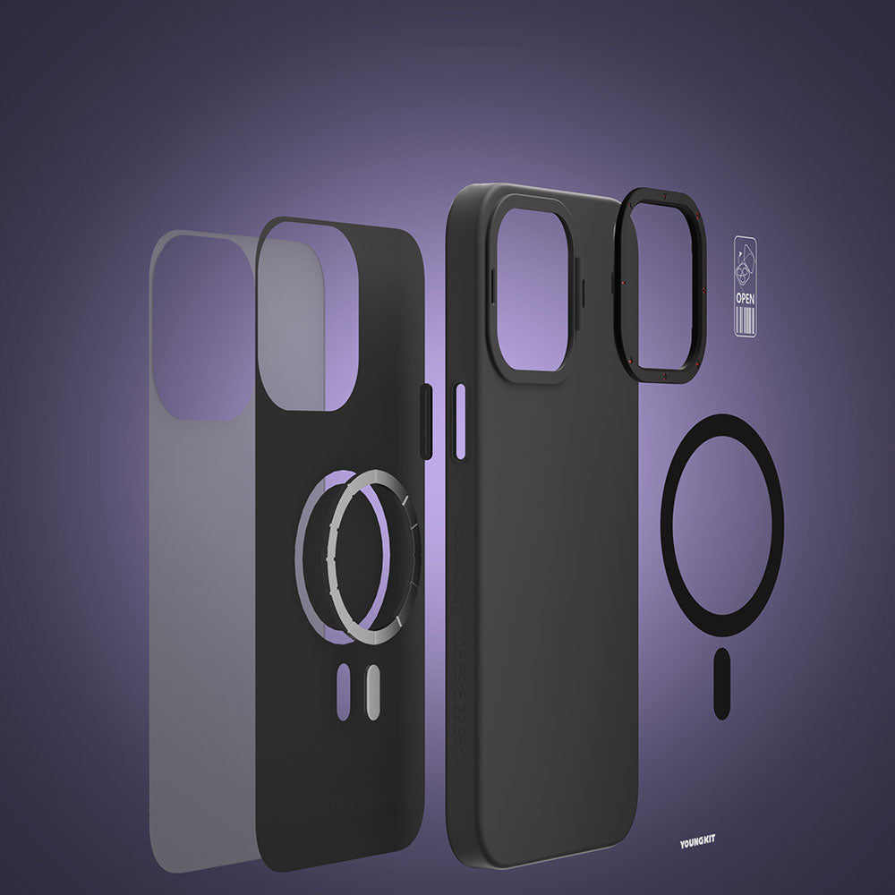 Apple iPhone 14 Pro Kılıf M-safe Şarj Özellikli Standlı YoungKit Hermit Bracket Serisi Kapak Siyah