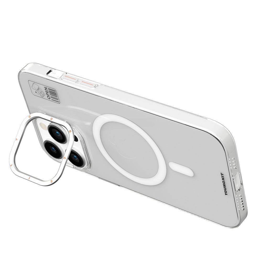 Apple iPhone 14 Pro Kılıf M-safe Şarj Özellikli Standlı YoungKit Hermit Bracket Serisi Kapak Beyaz