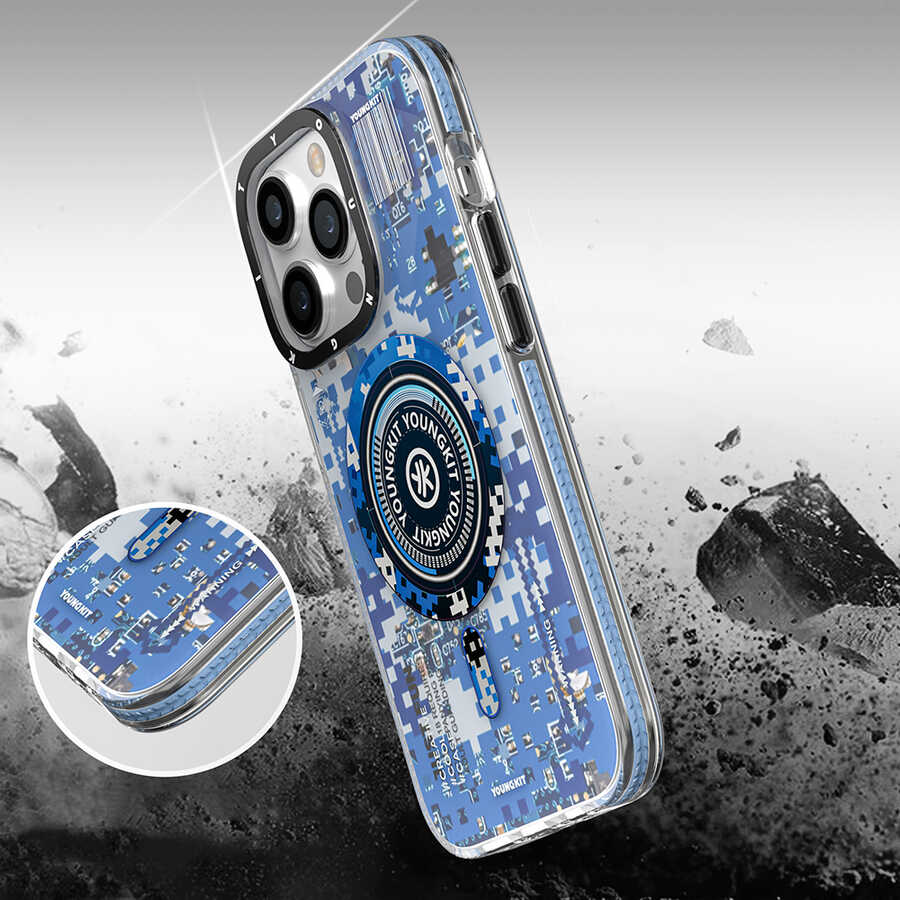 Apple iPhone 14 Pro Kılıf M-safe Şarj Özellikli YoungKit Kamuflaj Serisi Kapak Beyaz