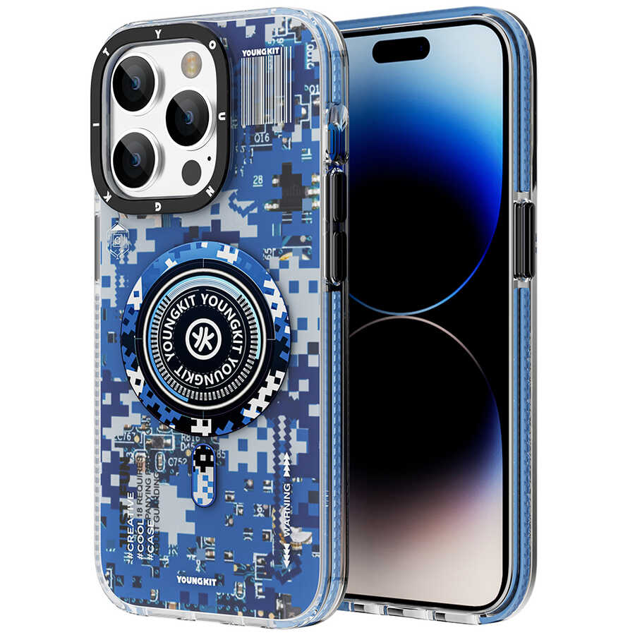 Apple iPhone 14 Pro Kılıf M-safe Şarj Özellikli YoungKit Kamuflaj Serisi Kapak Beyaz