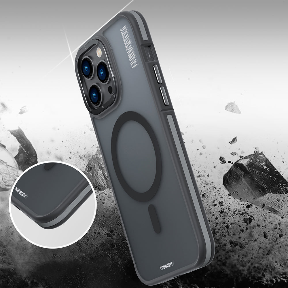 Apple iPhone 14 Pro Kılıf M-safe Şarj Özellikli Youngkit Rock Sand Serisi Kapak Gri