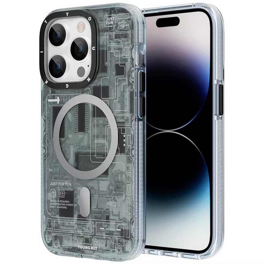 Apple iPhone 14 Pro Kılıf M-safe Şarj Özellikli YoungKit Technology Serisi Kapak Siyah