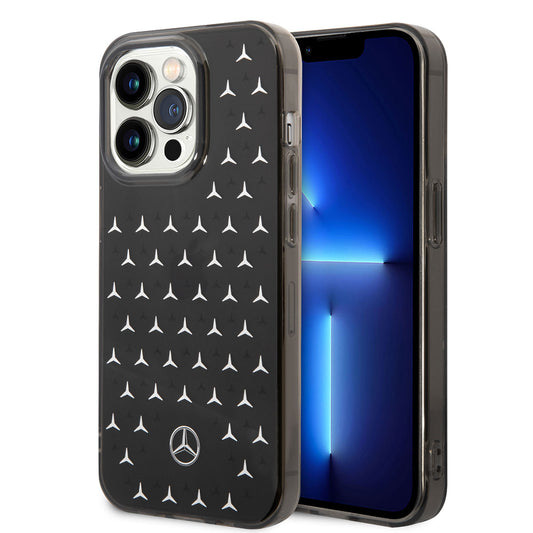 Apple iPhone 14 Pro Kılıf Mercedes Benz Çift Katmanlı Yıldız Desenli Dizayn Kapak Siyah-Gümüş