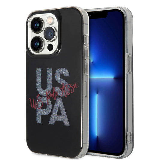 Apple iPhone 14 Pro Kılıf U.S. POLO ASSN. Simli Parlak Alfabe Tasarım Kapak Siyah