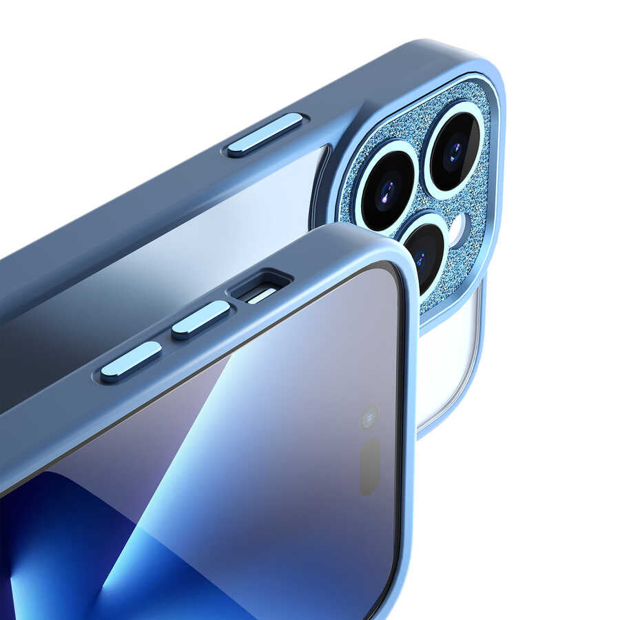 Apple iPhone 14 Pro Kılıf Wiwu GCC-105 Lens Korumalı Renkli Kenar Arkası Şeffaf Multicolor Kapak Mavi