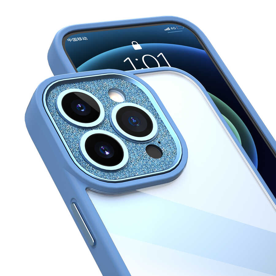 Apple iPhone 14 Pro Kılıf Wiwu GCC-105 Lens Korumalı Renkli Kenar Arkası Şeffaf Multicolor Kapak Mavi