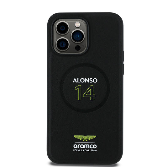 Apple iPhone 14 Pro Max Kılıf Aston Martin Orjinal Lisanslı M-safe Şarj Özellikli PU Deri Alonso 14 Baskılı Kapak Siyah